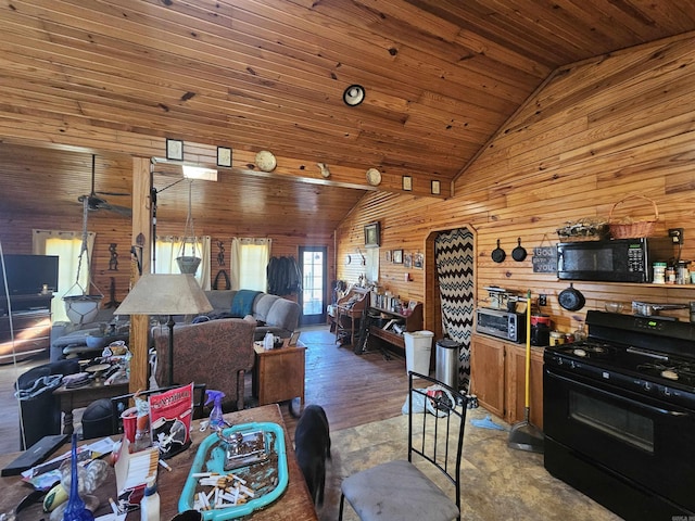 living room with wooden walls, a toaster, wood ceiling, and high vaulted ceiling