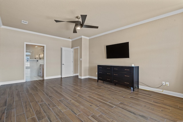 unfurnished bedroom featuring wood finish floors, baseboards, ceiling fan, and crown molding