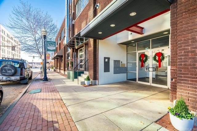 exterior space featuring sidewalks and street lights