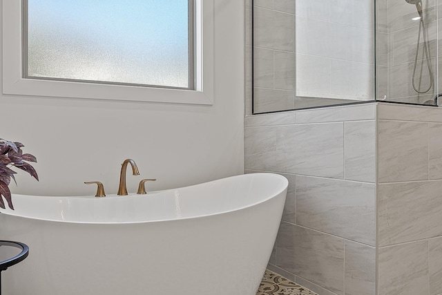 bathroom with a tile shower and a freestanding bath