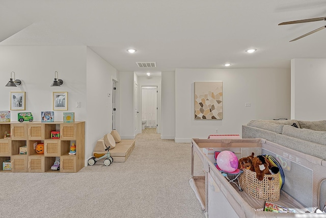 game room featuring a ceiling fan, recessed lighting, visible vents, and light carpet