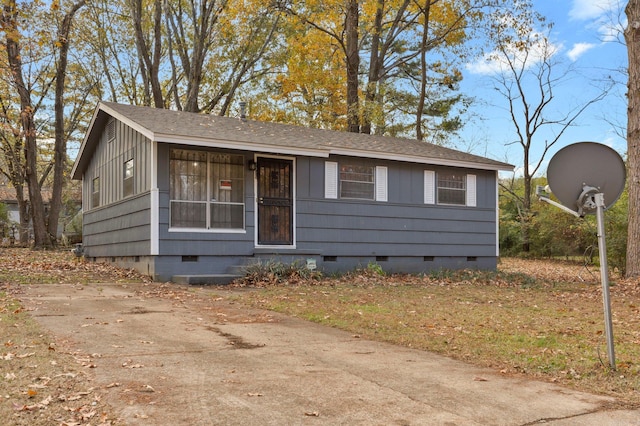 view of front of property with crawl space and roof with shingles