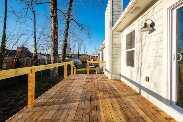 wooden terrace featuring fence