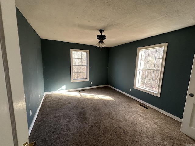 spare room featuring a textured ceiling, visible vents, a wealth of natural light, and carpet floors