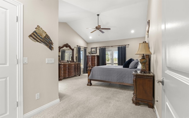 bedroom featuring baseboards, recessed lighting, ceiling fan, vaulted ceiling, and light colored carpet