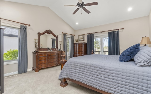 carpeted bedroom featuring baseboards, visible vents, lofted ceiling, ceiling fan, and access to exterior