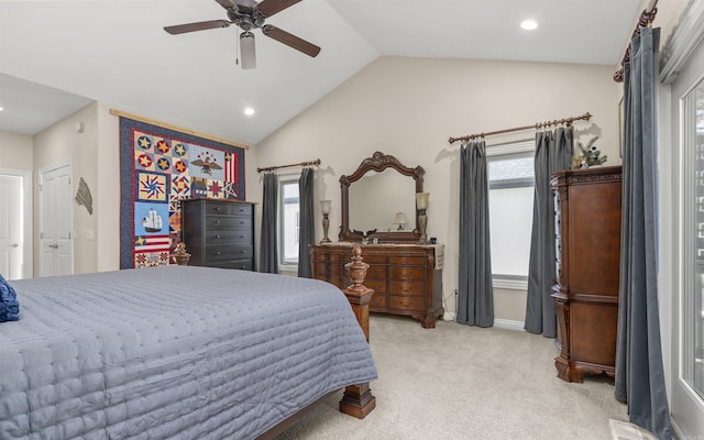 bedroom featuring light carpet, recessed lighting, ceiling fan, and lofted ceiling