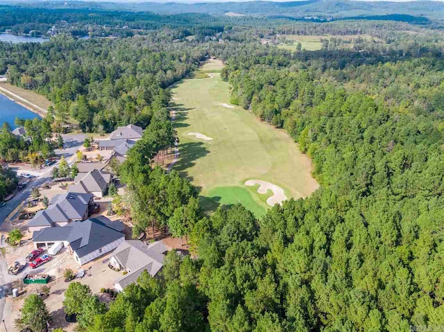 aerial view featuring a residential view, a water view, and a wooded view