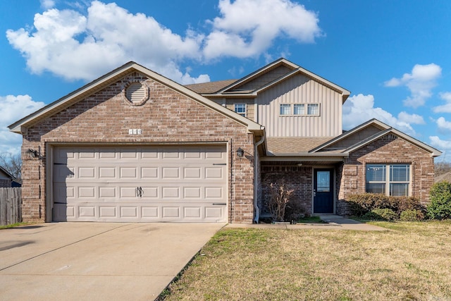 view of front of property featuring brick siding, board and batten siding, concrete driveway, and a front lawn