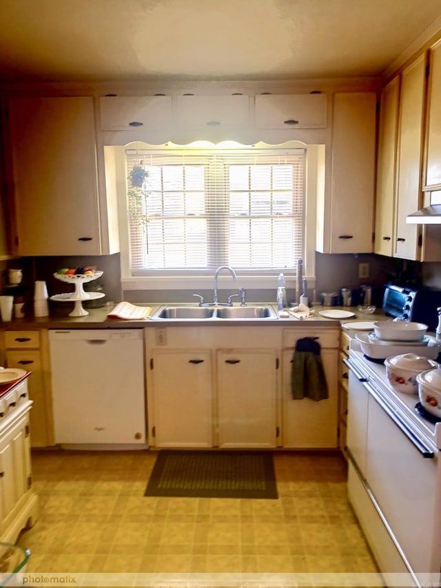 kitchen featuring a toaster, white appliances, and a sink