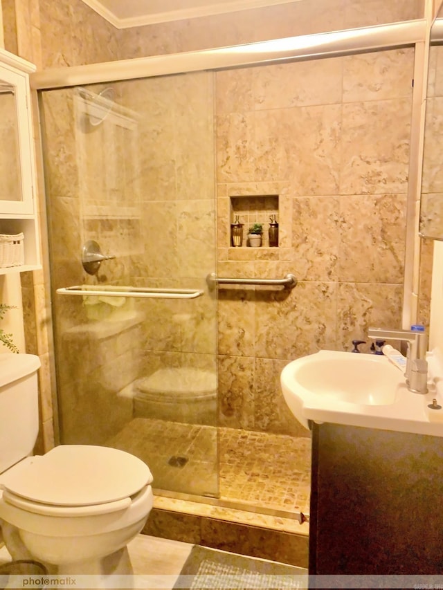 full bath with a shower stall, toilet, vanity, and ornamental molding