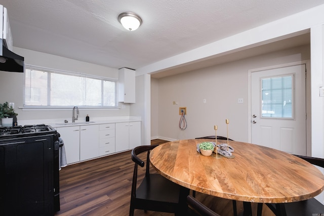 dining area featuring dark wood-style flooring and a textured ceiling