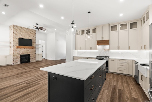 kitchen with dark cabinetry, dark wood finished floors, under cabinet range hood, appliances with stainless steel finishes, and a center island