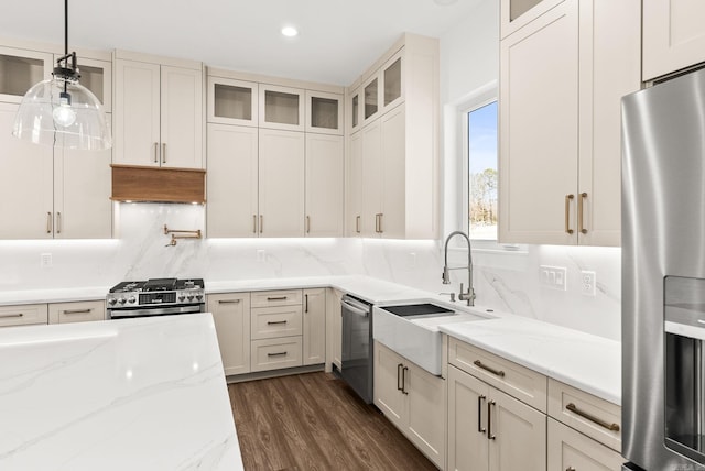 kitchen featuring dark wood finished floors, a sink, decorative backsplash, glass insert cabinets, and appliances with stainless steel finishes