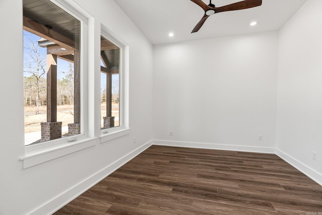 unfurnished room with recessed lighting, baseboards, dark wood-type flooring, and a ceiling fan