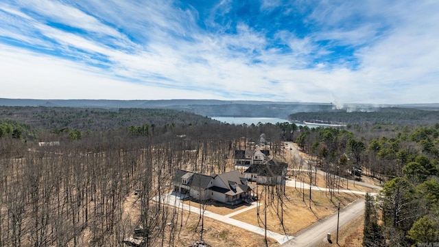 drone / aerial view with a view of trees and a water view