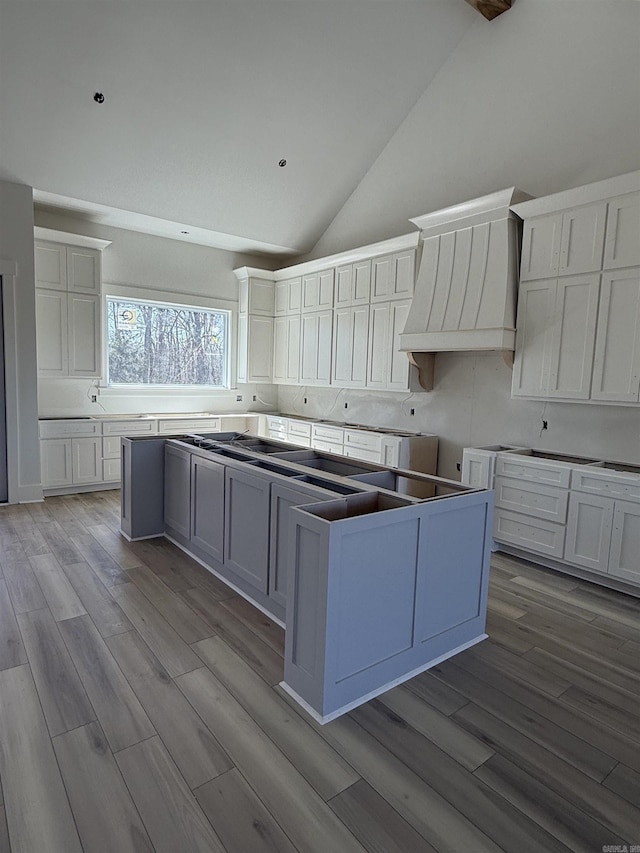 kitchen featuring a kitchen island, custom exhaust hood, wood finished floors, and high vaulted ceiling