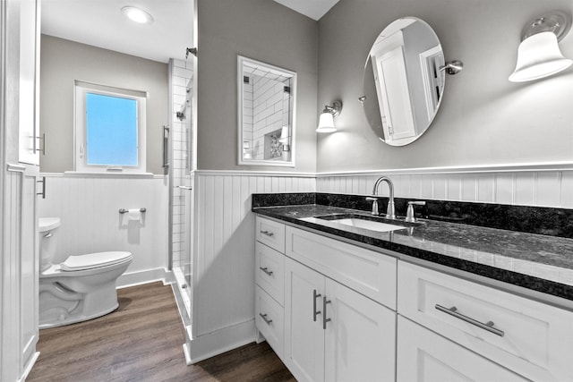 full bath with toilet, wainscoting, wood finished floors, vanity, and a shower