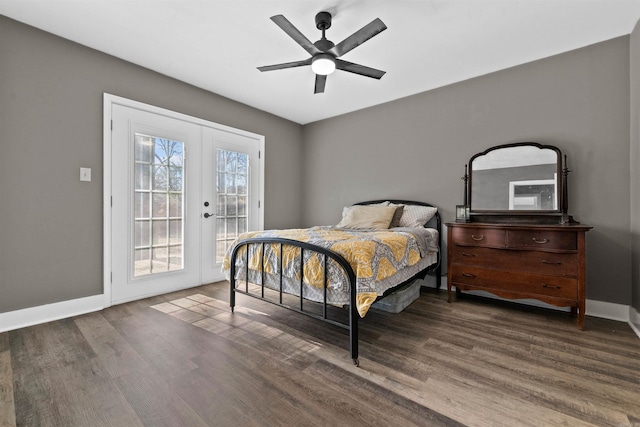 bedroom with wood finished floors, baseboards, ceiling fan, french doors, and access to outside