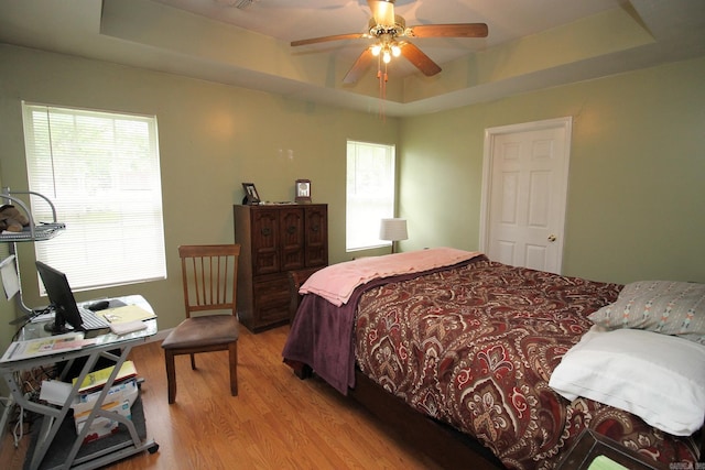 bedroom with light wood-type flooring, a raised ceiling, and multiple windows