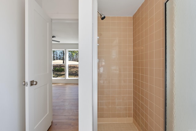 full bath featuring wood finished floors and a shower stall