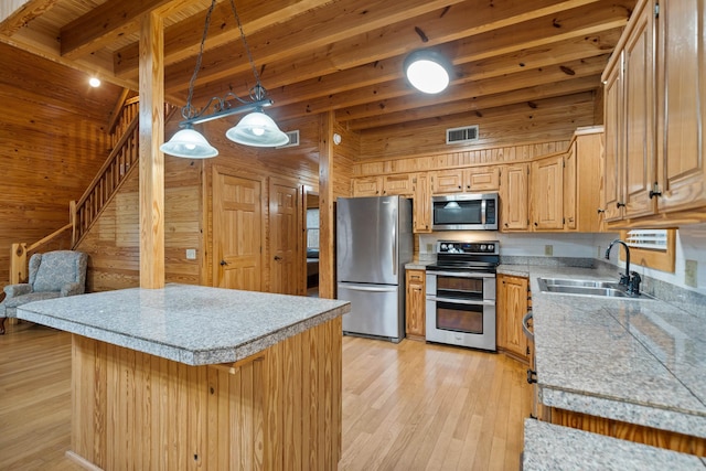 kitchen featuring visible vents, beamed ceiling, a sink, stainless steel appliances, and light wood finished floors