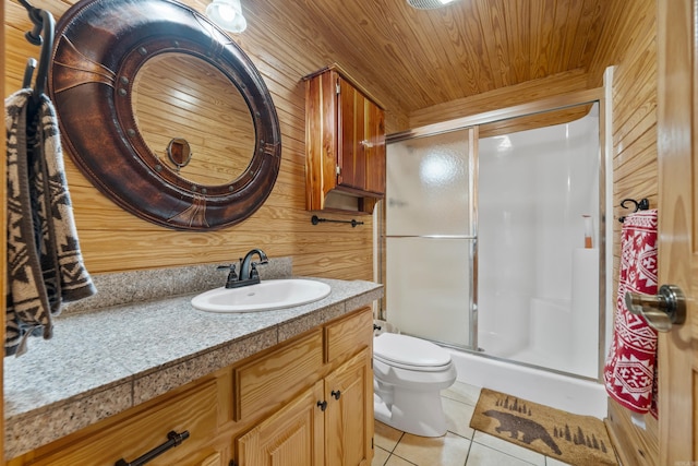 bathroom featuring vanity, a shower stall, tile patterned floors, toilet, and wooden ceiling