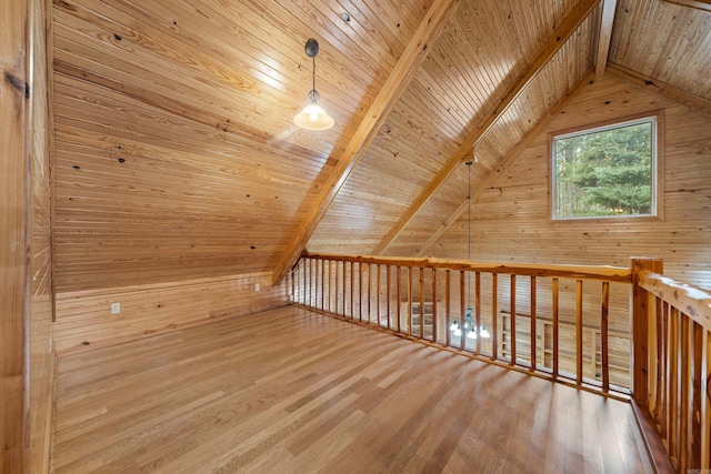 additional living space featuring wooden walls, wood ceiling, lofted ceiling with beams, and wood finished floors