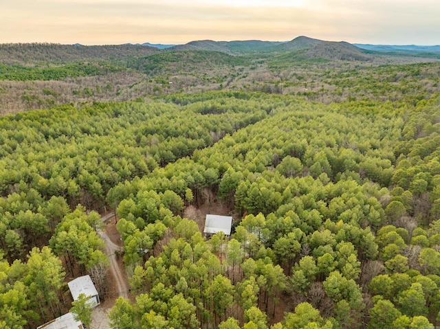 aerial view featuring a wooded view and a mountain view