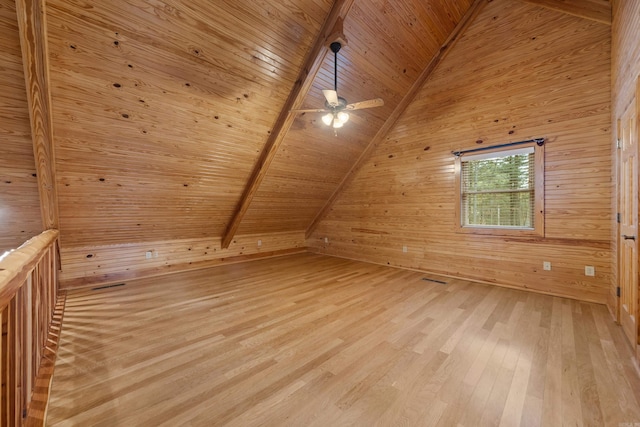 additional living space featuring ceiling fan, wood walls, wood ceiling, lofted ceiling with beams, and light wood-type flooring