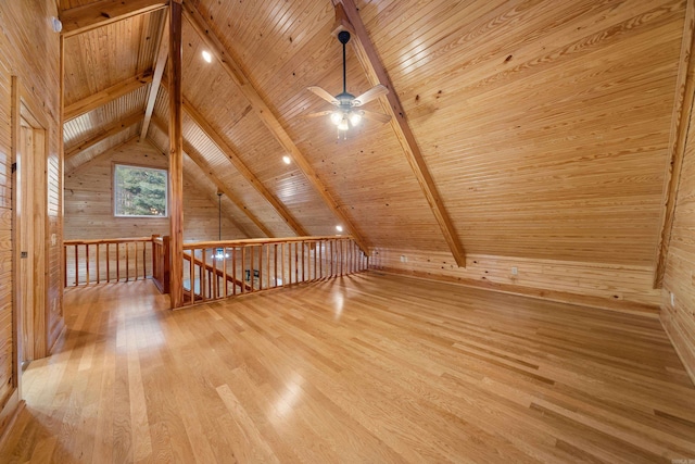 additional living space with lofted ceiling with beams, wooden walls, light wood-style flooring, and wooden ceiling