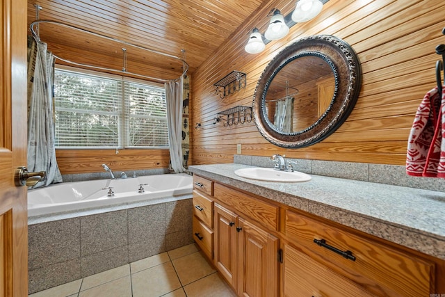 full bathroom featuring tile patterned flooring, wooden walls, a relaxing tiled tub, wood ceiling, and vanity