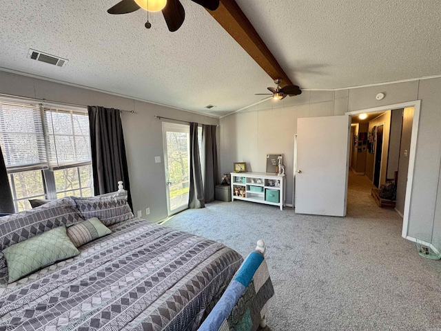 bedroom featuring visible vents, carpet floors, lofted ceiling with beams, access to exterior, and a textured ceiling