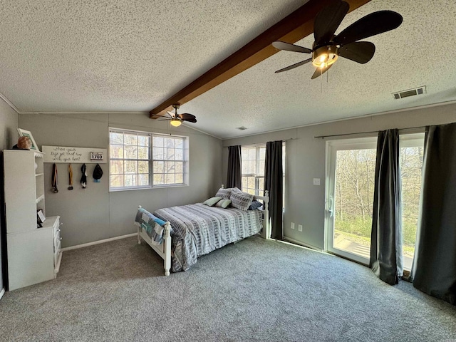 carpeted bedroom with visible vents, lofted ceiling with beams, a textured ceiling, a ceiling fan, and access to outside