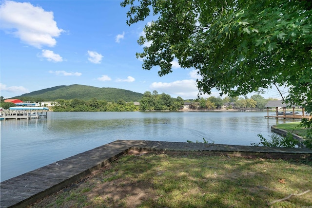 view of water feature featuring a mountain view and a boat dock