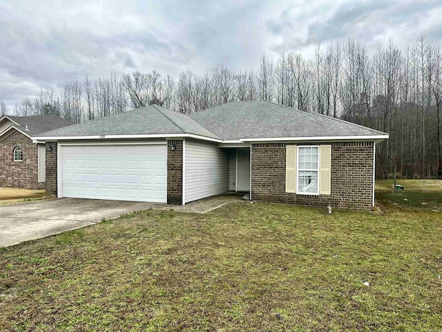 single story home with brick siding, concrete driveway, a front yard, and a garage