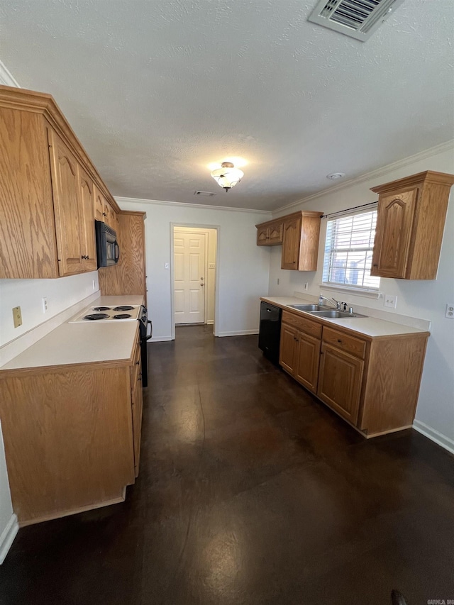 kitchen with brown cabinets, black appliances, a sink, light countertops, and baseboards