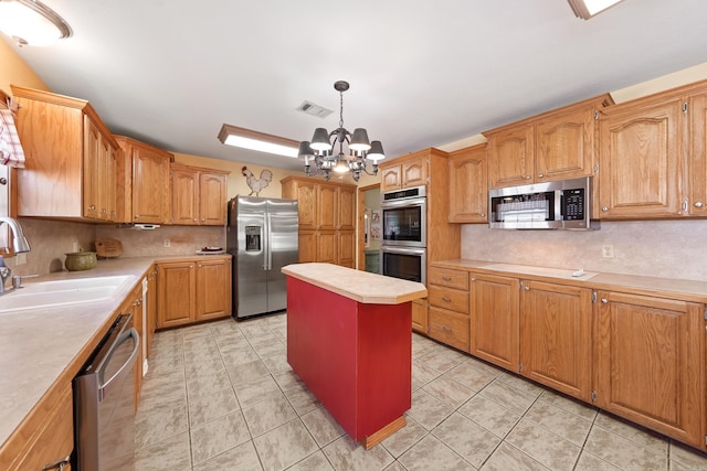 kitchen with visible vents, a sink, decorative backsplash, light countertops, and stainless steel appliances