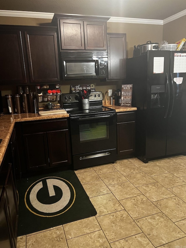 kitchen with black appliances, light tile patterned floors, and ornamental molding