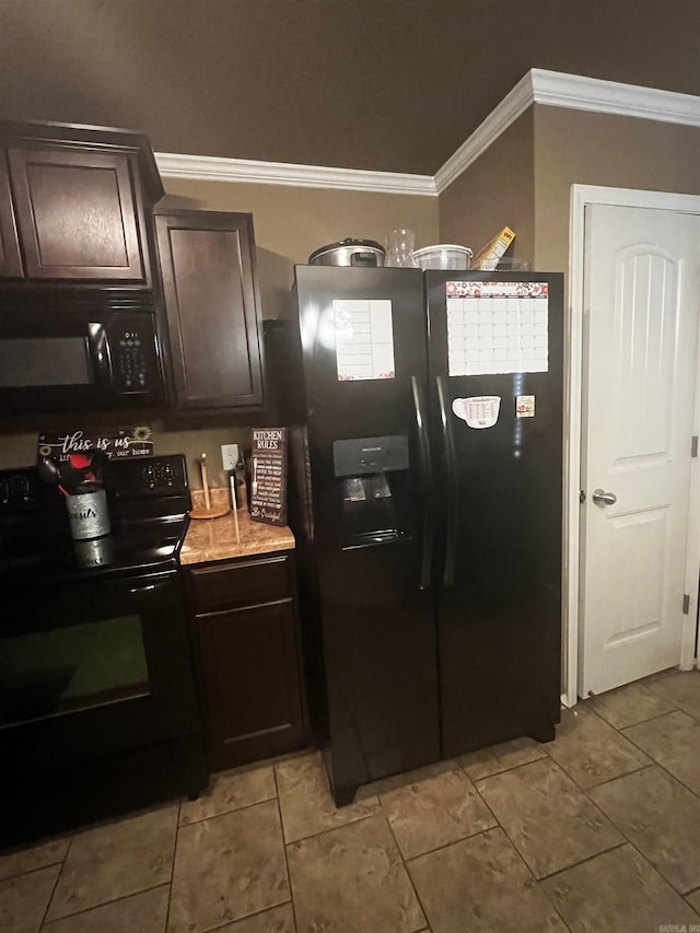 kitchen featuring light tile patterned floors, ornamental molding, black appliances, light countertops, and dark brown cabinetry