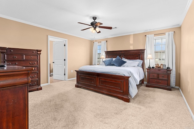 bedroom with ceiling fan, baseboards, light colored carpet, and ornamental molding