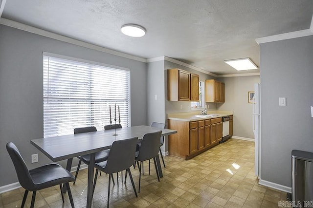 dining area with crown molding, baseboards, and a textured ceiling