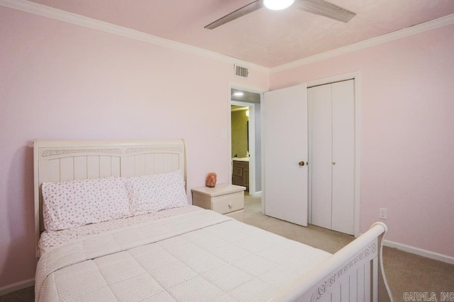 bedroom featuring visible vents, light colored carpet, and ornamental molding