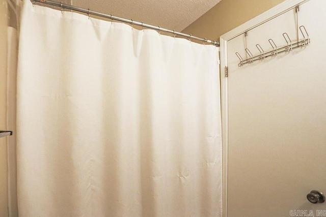 bathroom featuring a shower with curtain and a textured ceiling