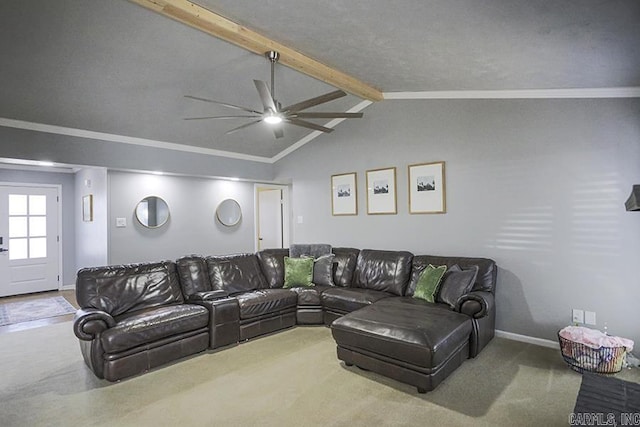 carpeted living room featuring ceiling fan, vaulted ceiling with beams, crown molding, and baseboards