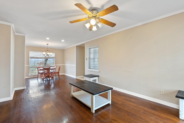 interior space with dark wood-type flooring, baseboards, and ornamental molding