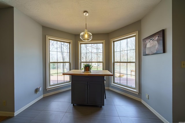 dining area with baseboards, a textured ceiling, and a healthy amount of sunlight