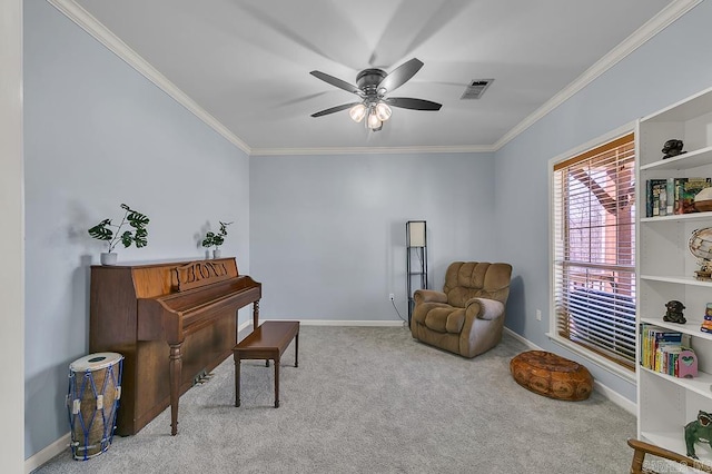 living area featuring baseboards, carpet, visible vents, and ornamental molding