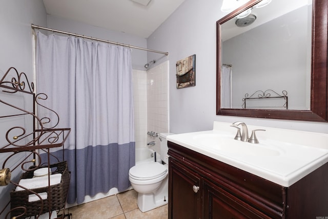 bathroom featuring tile patterned flooring, toilet, vanity, and shower / tub combo with curtain