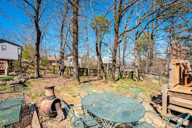 view of yard featuring outdoor dining area and a fenced backyard